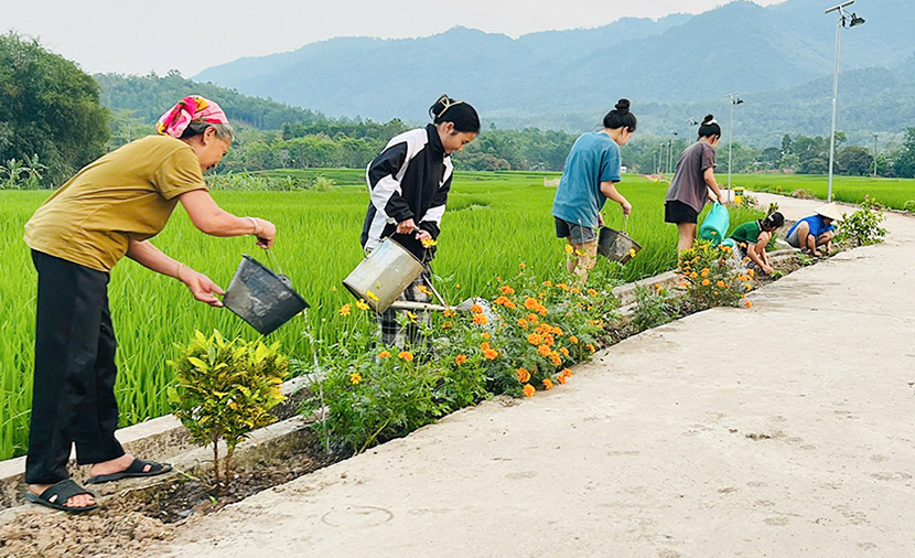 베트남 지역주민들이 꽃을 가꾸는 이미지