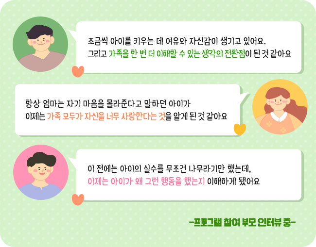 “조금씩 아이를 키우는 데 여유와 자신감이 생기고 있어요. 그리고 가족을 한 번 더 이해할 수 있는 생각의 전환점이 된 것 같아요” “항상 엄마는 자기 마음을 몰라준다고 말하던 아이가 이제는 가족 모두가 자신을 너무 사랑한다는 것을 알게 된 것 같아요”“이 전에는 아이의 실수를 무조건 나무라기만 했는데, 이제는 아이가 왜 그런 행동을 했는지 이해하게 됐어요”-프로그램 참여 부모 인터뷰 중-