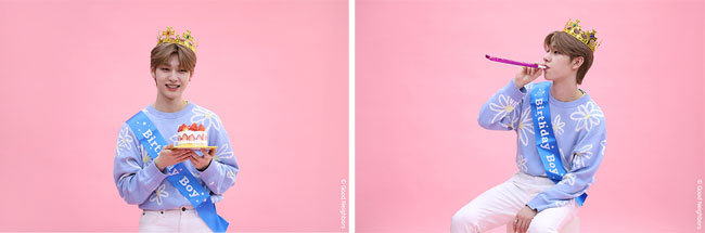 케이크, 왕관, 코끼리 나팔을 이용해 화보를 찍은 동윤