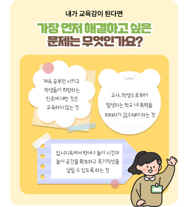 <내가 교육감이 된다면 가장 먼저 해결하고 싶은 문제는 무엇인가요?>-계속 공부만 시키고 학생들이 희망하는 진로에 대한 것은 교육하지 않는 것-교사, 학생으로부터 발생되는 학교 내 폭력을 피해자가 감수해야 하는 것-입시지옥에서 벗어나 놀이 시간과 놀이 공간을 확보하고 특기적성을 살릴 수 있도록 하는 것