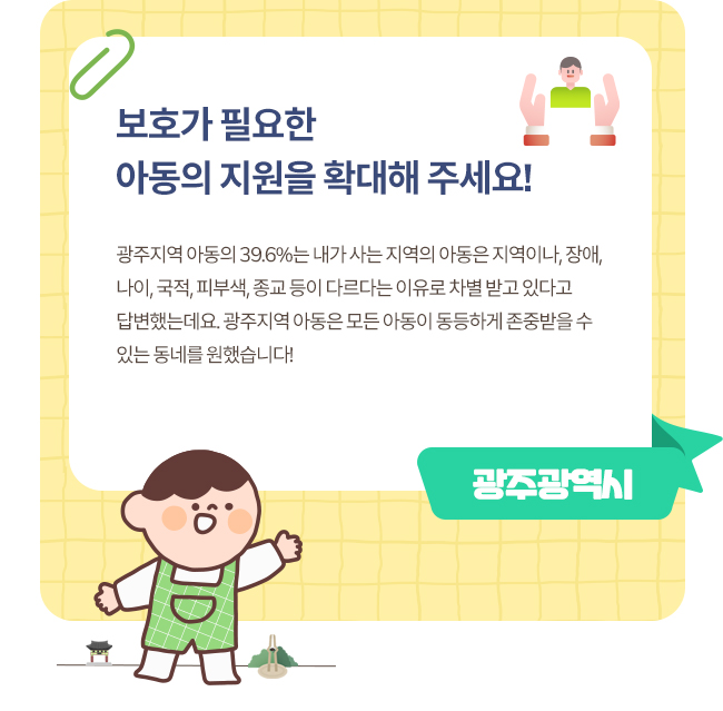[광주광역시] 사회적 보호가 필요한 모든 아동에 대한 지원을 확대해 주세요!광주지역 아동의 39.6%는 내가 사는 지역의 아동은 지역이나, 장애, 나이, 국적, 피부색, 종교 등이 다르다는 이유로 받고 있다고 답변했는데요. 광주지역 아동은 다문화 가정 아동을 비롯해 지역 내 모든 아동이 어떤 이유로든 차별받지 않도록, 사회적 보호가 필요한 아동에게 지원이 확대되길 원했습니다. 