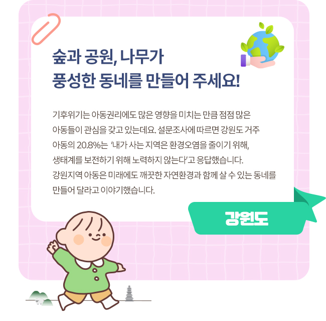 [강원도] 숲과 공원, 나무 등 자연환경이 풍성해질 수 있도록 지원해 주세요!기후위기는 아동권리에도 많은 영향을 미치는 만큼 점점 많은 아동들이 관심을 갖고 있는데요. 강원도 거주 아동의 20.8%도 ‘내가 사는 지역은 환경오염을 줄이기 위해, 생태계를 보전하기 위해 노력하지 않는다’고 응답했습니다. 강원지역 아동은 미래에도 깨끗한 자연환경과 함께 살아갈 수 있도록 풍성한 자연환경이 있는 동네를 만들어 달라고 이야기했습니다. 