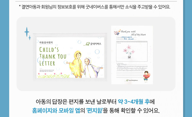 * 결연아동과 회원님의 정보보호를 위해 굿네이버스를 통해서만 소식을 주고받을 수 있어요., 아동의 답장은 편지를 보낸 날로부터 약 3~4개월 후에 홈페이지와 모바일 앱의 ‘결연우체통’을 통해 확인할 수 있어요.