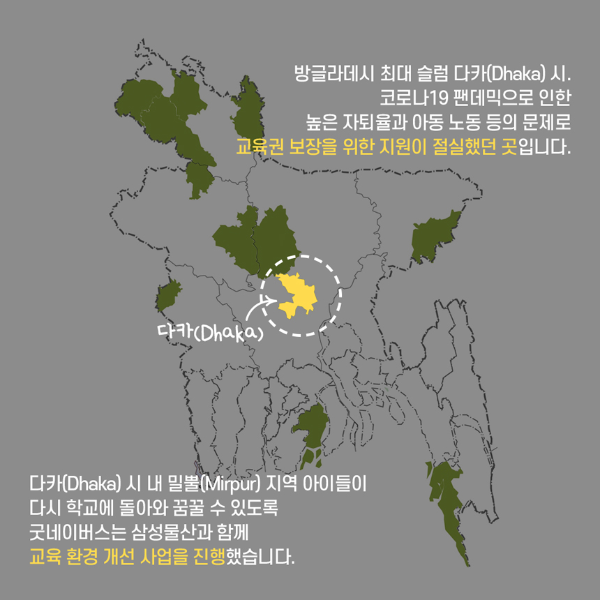 방글라데시 최대 슬럼 다카(Dhaka) 시.코로나19 팬데믹으로 인한높은 자퇴율과 아동 노동 등의 문제로교육권 보장을 위한 지원이 절실했던 곳입니다.다카(Dhaka) 시 내 밀뿔(Mirpur) 지역 아이들이 다시 학교에 돌아와 꿈꿀 수 있도록 굿네이버스는 삼성물산과 함께교육 환경 개선 사업을 진행했습니다.