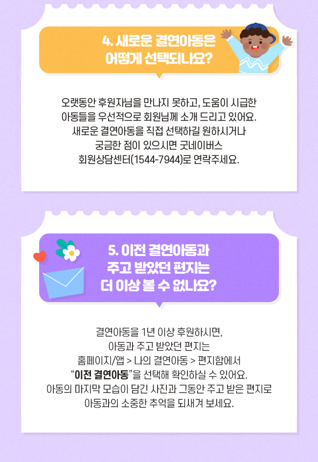 새로운 결연아동은 어떻게 선택되나요?, 오랫동안 후원자님을 만나지 못하고, 도움이 시급한 아동들을 우선적으로, 회원님께 소개 드리고 있어요., 새로운 결연아동을 직접 선택하길, 원하시거나 궁금한 점이 있으시면굿네이버스 회원상담센터 (1544-7944)로 연락주세요. 새로운 결연아동을 만나면, 이전 결연아동의 편지와 소식은 어떻게 볼 수 있나요?, 아쉽게도 새로운 결연아동을 만나면, 결연아동의 아동정보보호를 위해, 이전 결연아동의 편지와 소식 등은 확인하실 수가 없어요., 이전 결연아동의 편지와 소식이 궁금하신 경우, 굿네이버스 회원상담센터 (1544-7944)로 연락주시면, 이메일로 결연아동의 마지막 편지와 사진을 보내드리겠습니다.
