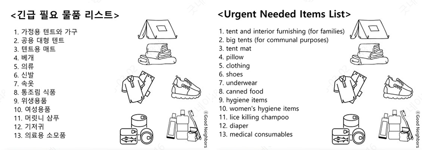 튀르키예 현지 주민들의 당시 필요 물품 리스트