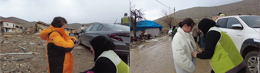 배분 받은 의류를 착용해 보는 현지 아이들