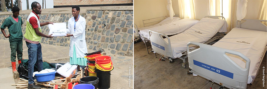 (좌) KIBILIZI 보건소 청소용품 전달 / (우) KIBILIZI 보건소 의료용 매트리스 및 침구 지원