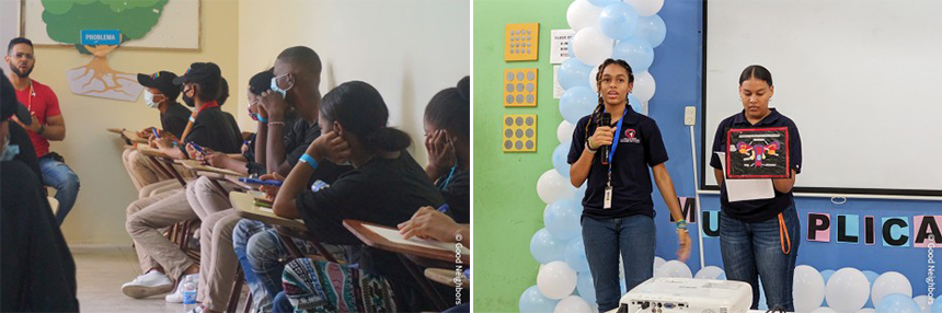 (좌) 성보건 전문 강사에게 교육받는 또래지킴이 학생들 /  (우) 동료 학생에게 성보건 지식과 정보를 전달하는 또래지킴이 학생들