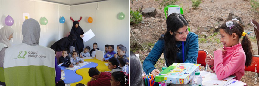 모로코 아이들의 심리 정서 회복을 위해  심리사회적지원 프로그램(PSS)을 진행하는 모습