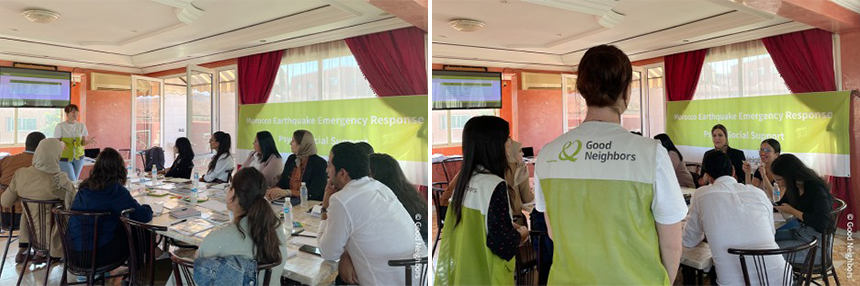 심리사회적지원 프로그램(PSS)의 지속적인 운영을 위한  전문가 양성 교육(ToT)을 진행하는 모습