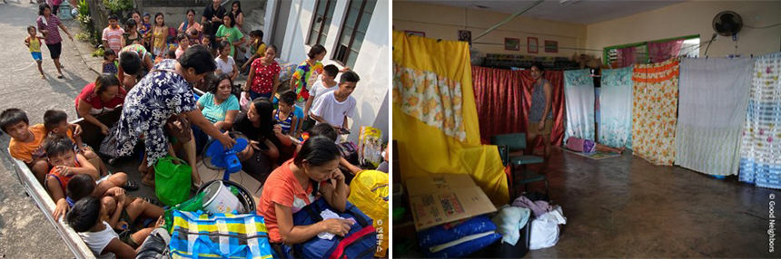 (좌) 대피 중인 필리핀 지역 주민들 / (우) 임시대피소
