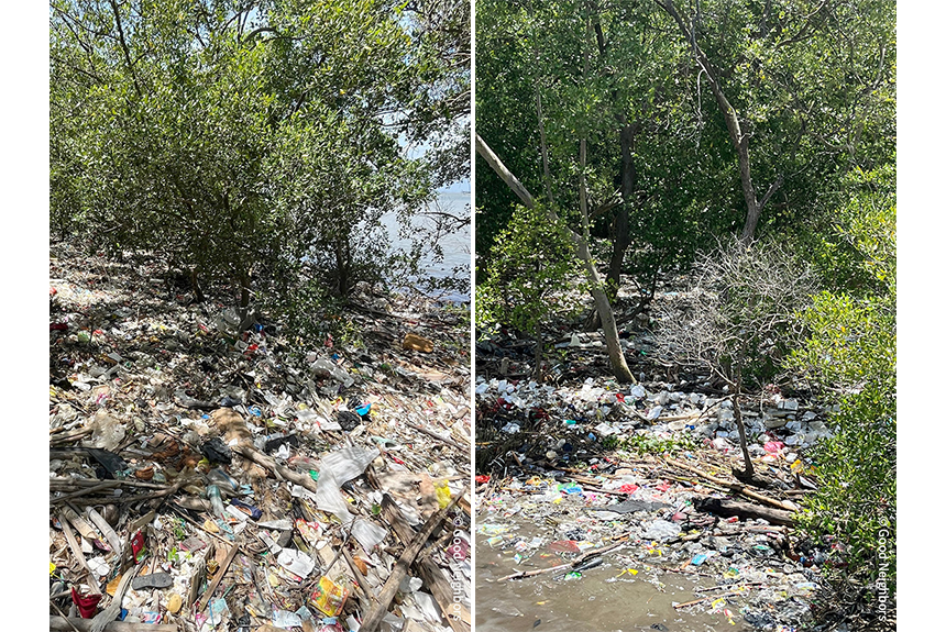 해안가 주변으로 쌓여있는 쓰레기 더미