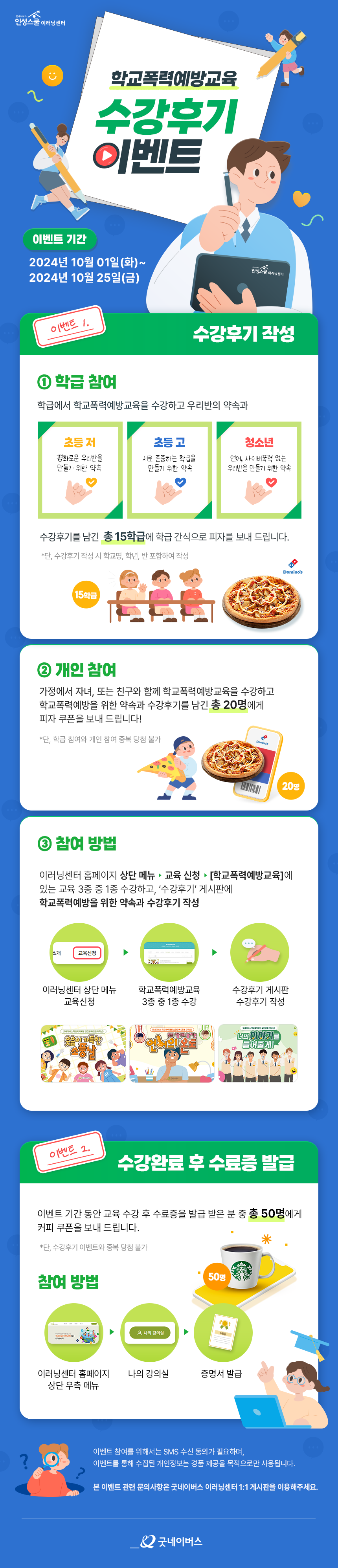 학교폭력예방교육 수강후기 이벤트. 이벤트기간 2024년10월1일(화)~2024년10월25일(금). 이벤트1. 수강후기작성. 1.학급참여:학급에서 학교폭력예방교육을 수강하고, 우리반의약속과 수강후기를 남긴 총 15학급에 간식으로 피자를 봰드립니다. 단,수강후기작성시 학교명,학년,반 포함하여 작성. 2.개인참여:가정에서 자녀, 또는 친구와 함께 학교폭력예방교육을 수강하고 학교폭력예방을 위한 약속와 수강후기를 남긴 총20명에게 피자쿠폰을 보내드립니다. 단,학급참여와 개인참여 중복당첨불가. 3.참여방법:이러닝센터 홈페이지 상단메뉴>교육신청>학교폭력예방교육에 있는 교육3종중 1종 수강하고,'수강후기'게시판에 학교폭력예방을 위한 약속과 수강후기 작성. 이벤트2.수강완료 후 수료증 발급.이벤트 기간동안 교육수강 후 수료증을 발급 받은 분 중 총50명에게 커피쿠폰을 보내 드립니다. 단, 수강후기 이벤트와 중복당첨불가. 참여방법.이러닝센터 홈페이지 상단우측메뉴클릭>나의강의실>증명서발급. 이벤트 참여를 위해서는 SMS수신동의가 필요하며, 이벤트를 통해 수집된 개인정보는 경품 제공을 목적으로만 사용됩니다. 본 이벤트 관련 문의사항은 굿네이버스 이러닝센터 1:1게시판을 이용해주세요.