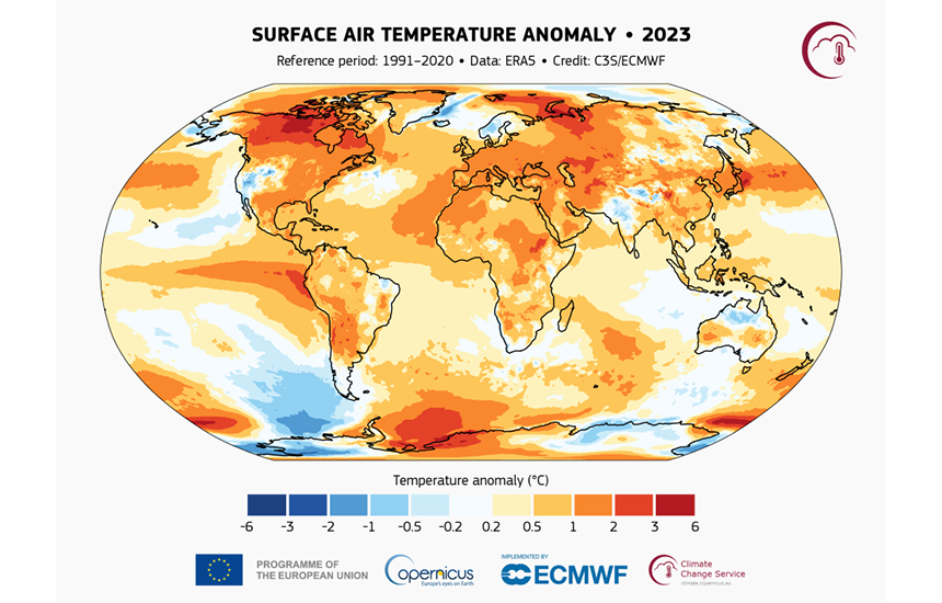 1991-2020년 평년 기준, 2023년 지표면 이상 기온 현황 / 출처 : C3S/ECMWF