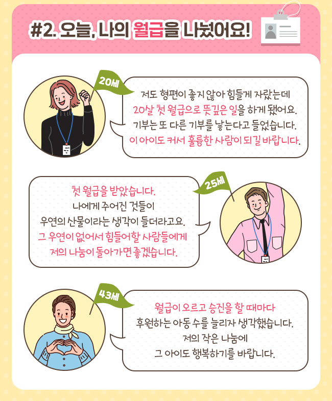 #2. 오늘, 나의 월급을 나눴어요! 20세, 저도 형편이 좋지 않아 힘들게 자랐는데 20살 첫 월급으로 뜻깊은 일을 하게 됐어요. 기부는 또 다른 기부를 낳는다고 들었습니다. 이 아이도 커서 훌륭한 사람이 되길 바랍니다. 25세, 첫 월급을 받았습니다. 나에게 주어진 것들이 우연의 산물이라는 생각이 들더라고요. 그 우연이 없어서 힘들어할 사람들에게 저의 나눔이 돌아가면 좋겠습니다. 43세, 월급이 오르고 승진을 할 때마다 후원하는 아동 수를 늘리자 생각했습니다. 저의 작은 나눔에 그 아이도 행복하기를 바랍니다.
