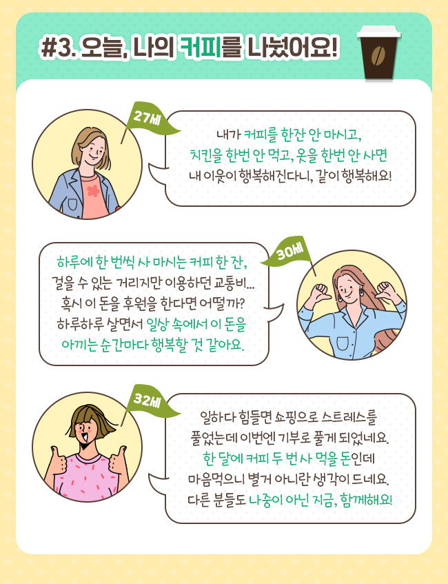 #3. 오늘, 나의 커피를 나눴어요! 27세, 내가 커피를 한잔 안 마시고, 치킨을 한번 안 먹고, 옷을 한번 안 사면 내 이웃이 행복해진다니, 같이 행복해요! 30세, 하루에 한 번씩 사 마시는 커피 한 잔, 걸을 수 있는 거리지만 이용하던 교통비… 혹시 이 돈을 후원을 한다면 어떨까? 하루하루 살면서 일상 속에서 이 돈을 아끼는 순간마다 행복할 것 같아요. 32세, 일하다 힘들면 쇼핑으로 스트레스를 풀었는데 이번엔 기부로 풀게 되었네요. 한 달에 커피 두 번 사 먹을 돈인데 마음먹으니 별거 아니란 생각이 드네요. 다른 분들도 나중이 아닌 지금, 함께해요!