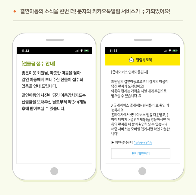 결연아동의 소식을 한번 더! 문자와 카카오톡알림 서비스가 추가되었어요! 선물금 접수 안내 문자 이미지, 굿네이버스 연레아동편지 알림톡 도착 이미지