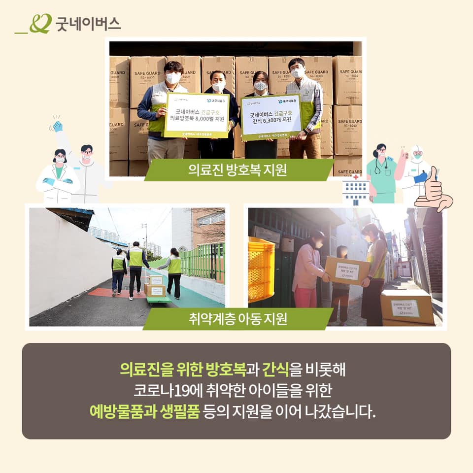 의료진 방호복을 지원하고 취약계층 아동을 위해 코로나19 예방물품과 생필품을 지원하고 있는 모습