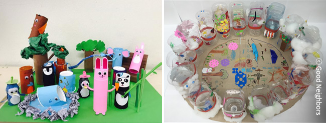 아이들이 만든 작품 이미지, 좌 : 사계절이 뚜렷한 지구 / 우: 멸종위기 동물들이 안전한 지구