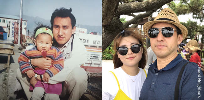 아기 때 김유진 회원님을 안고 있는 아버지 사진과 성인이 된 김유진 회원과 아버지 사진 이미지