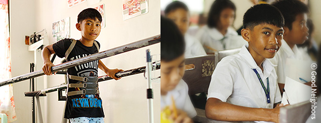 척추 교정술로 굽어있던 조슈아의 등이 반듯하게 펴졌고 학교에서 즐겁게 생활하고 있는 조슈아 이미지