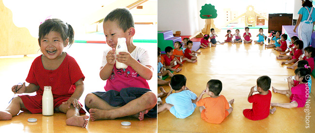 우유가공시설을 통해 육아원 아이들에게 우유를 공급하고 있는 이미지