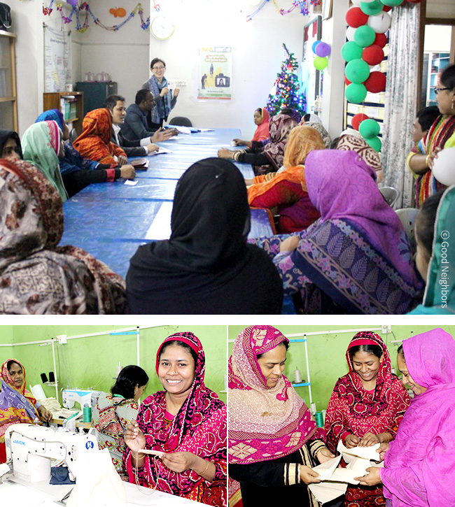 함께 모여 회의를 나누며 제품 제작에 참여하고 있는 미푸르 조합 여성들 이미지