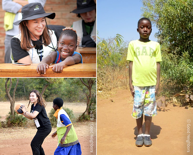 좋은 이웃 특별한 여행을 통해 말라위를 방문한 이혜진 회원님과 굿네이버스 치오자학교에서 만난 아동 이미지