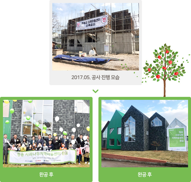 2017년 5월 청송 사과나무지역아동센터 공사 진행 모습, 완공 후 아이들이 꿈꾸는 공간이 된 센터 이미지