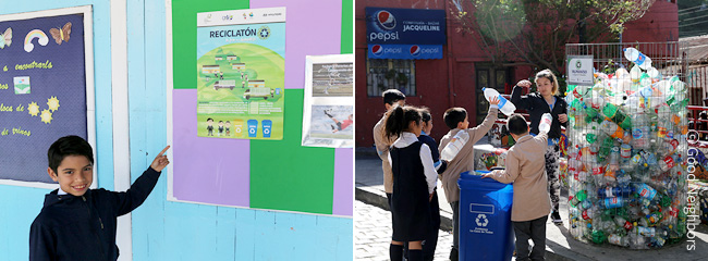 왼쪽은 남자 아동이 학교에 붙은 포스터를 가리키는 이미지, 오른쪽은 여자 교사 1명과 아이들이 재활용 쓰레기를 분리수거하는 이미지