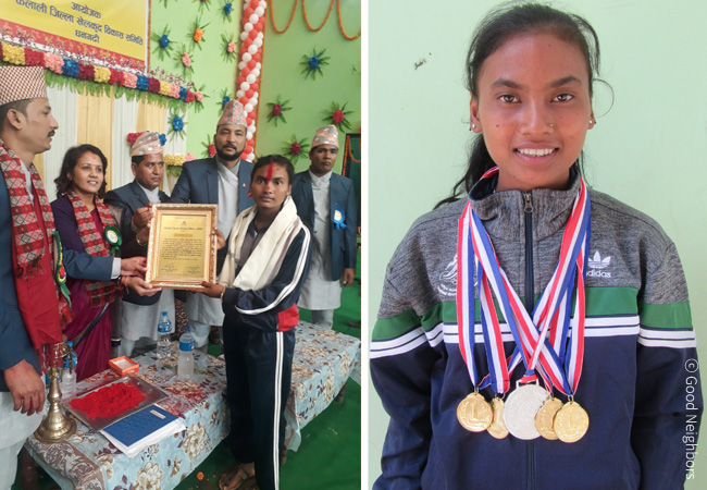 왼쪽 사진은 시마가 육상대회에서 우승해서 표창장을 수여받고 있는 이미지, 오른쪽 사진은 시마가 육상대회에서 우승한 후 메달 5개를 목에 걸고 환하게 웃고 있는 이미지