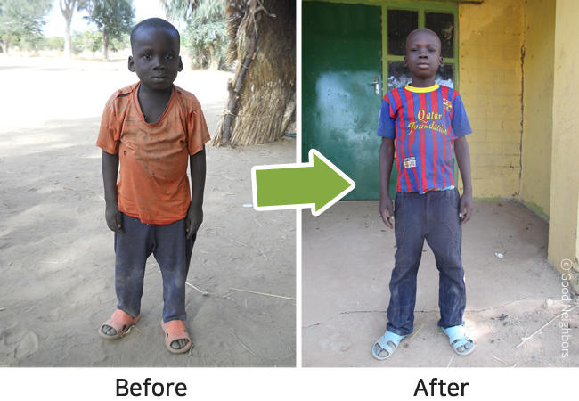 Before 아주 어린 다이돔이 주황색 옷과 슬리퍼를 착용한 이미지, After 다이돔이 훌쩍 자라 빨간색과 파란색이 섞인 줄무늬 티셔츠를 입고 늠름하게 서있는 이미지