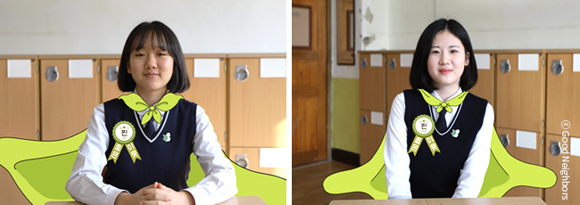마산여자중학교 구보미 학생의 모습과 마산여자중학교 이유진 학생의 모습