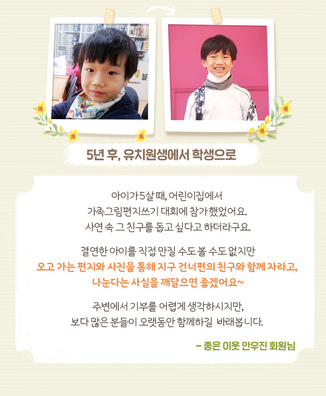 5년 후, 유치원생에서 학생으로, 아이가 5살 때, 어린이집에서 가족그림편지쓰기 대회에 참가 했었어요. 사연 속 그 친구를 돕고 싶다고 하더라구요. 결연한 아이를 직접 만질 수도 볼 수도 없지만 오고 가는 편지와 사진을 통해 지구 건너편의 친구와 함께 자라고, 나눈다는 사실을 깨달으면 좋겠어요~ 주변에서 기부를 어렵게 생각하시지만, 보다 많은 분들이 오랫동안 함께하길 바래봅니다. 좋은 이웃 안우진 회원님