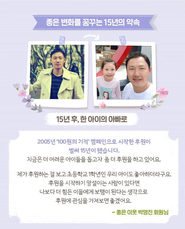 좋은 변화를 꿈꾸는 15년의 약속, 15년 후, 한 아이의 아빠로, 2005년 100원의 기적 캠페인으로 시작한 후원이 벌써 15년이 됐습니다. 지금은 더 어려운 아이들을 돕고자 좀 더 후원을 하고 있어요. 제가 후원하는 걸 보고 초등학교 1학년인 우리 아이도 좋아하더라구요. 후원을 시작하기 망설이는 사람이 있다면 나보다 더 힘든 이들에게 보탬이 된다는 생각으로 후원에 관심을 가져보면 좋겠어요. 좋은 이웃 박명진 회원님