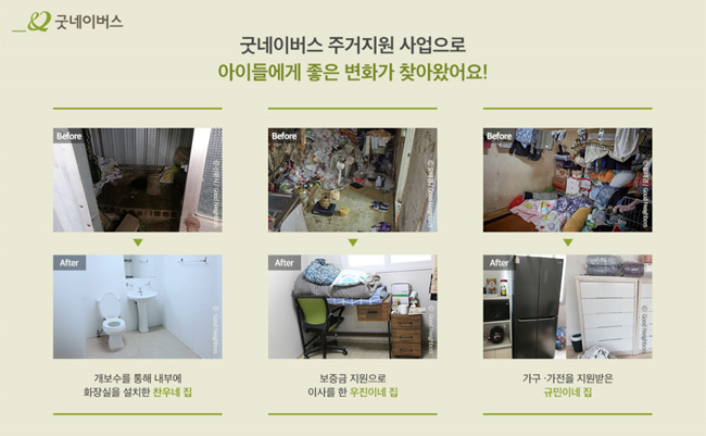 개보수를 통해 내부에 화장실을 설치한 찬우네 집, 보증금 지원으로 이사를 한 우진이네 집, 가구가전을 지원받은 규민이네 집의 변화 모습