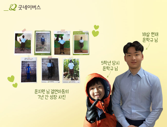 윤지원 님 결연아동의 7년 간 성장 사진과 윤학규 님의 모습