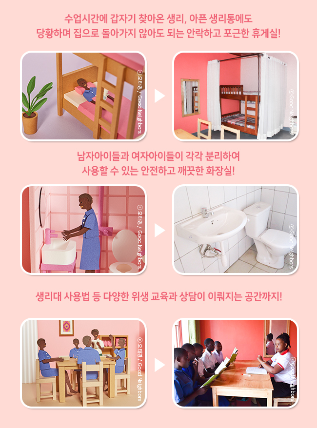 수업시간에 갑자기 찾아온 생리, 아픈 생리통에도 당황하며 집으로 돌아가지 않아도 되는 안락하고 포근한 휴게실! 남자아이들과 여자아이들이 각각 분리하여 사용할 수 있는 안전하고 깨끗한 화장실! 생리대 사용법 등 다양한 위생 교육과 상담이 이뤄지는 공간까지!