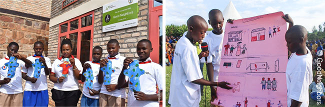 [(좌)재사용이 가능한 생리대를 만들어 자랑하고 있는 아이들 (우) 성교육을 받고 의견을 나누고 있는 아이들]