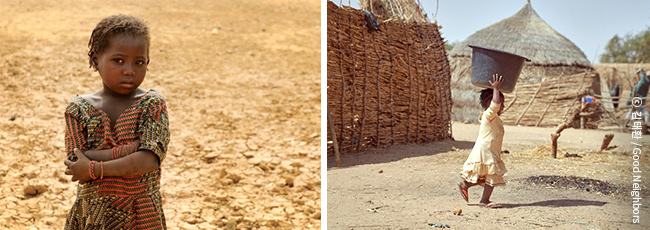 팔짱 끼고 있는 아프리카 여자 아이의 모습 이미지와 대야를 들고 달리는 아이의 모습