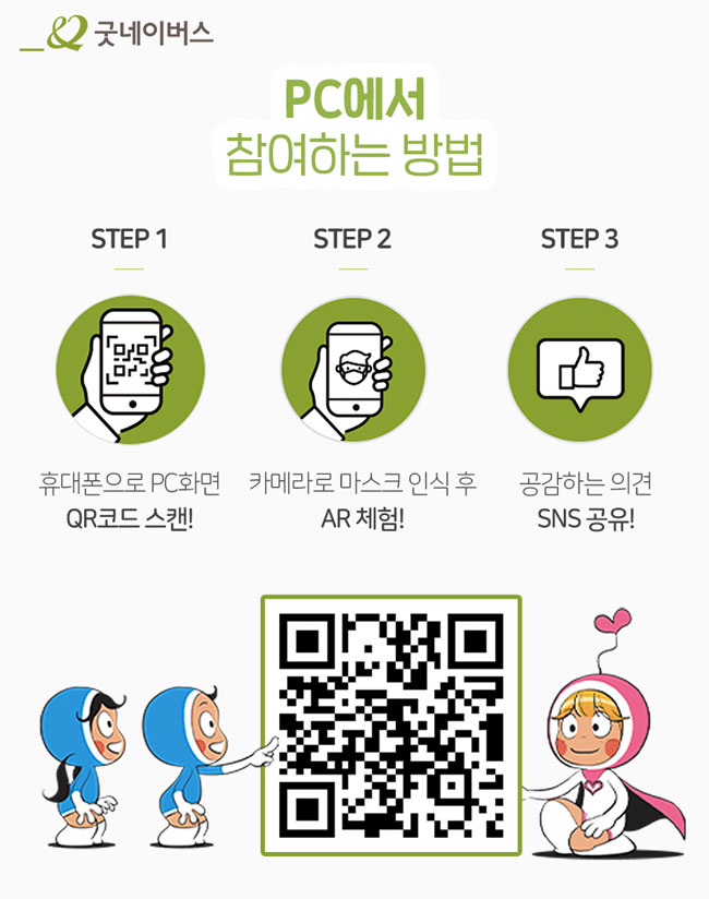 PC에서 참여하는 법 – 1. 휴대폰으로 PC화면 버튼 클릭, 2. 카메라로 마스크 인식 후 AR체험, 3. 공감하는 의견 SNS공유