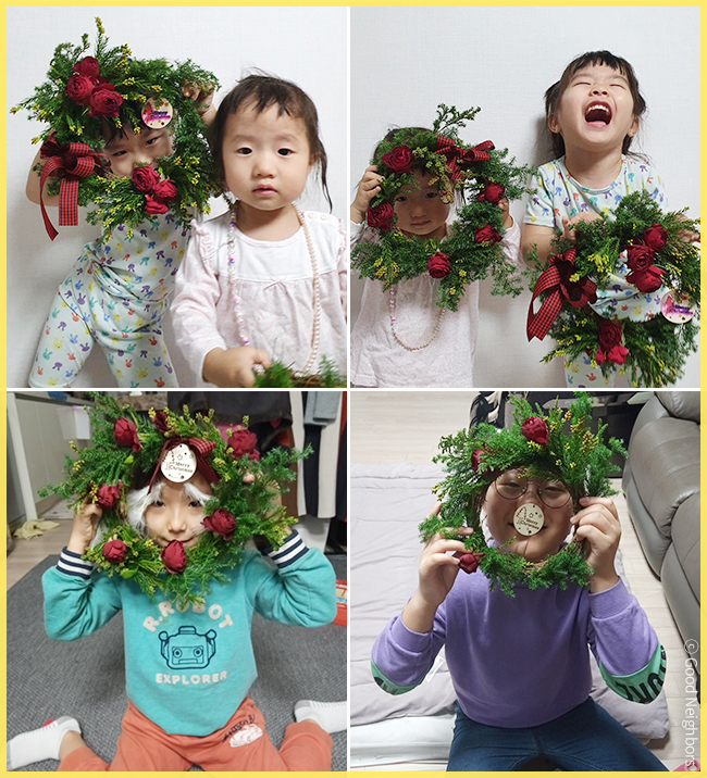 직접 만든 리스를 들고 있는 아이의 사진 4장