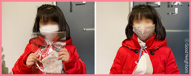 직접 만든 면마스크를 전달 받은 아동사진 2장