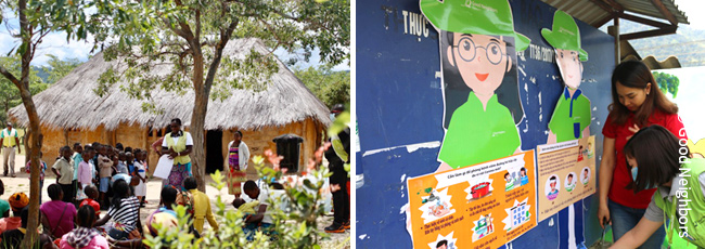 (왼쪽) 아동과 지역주민에게 위생 교육을 하고 있는 모습(잠비아) (오른쪽) 코로나19 예방 포스터를 부착하고 있는 모습 (베트남)