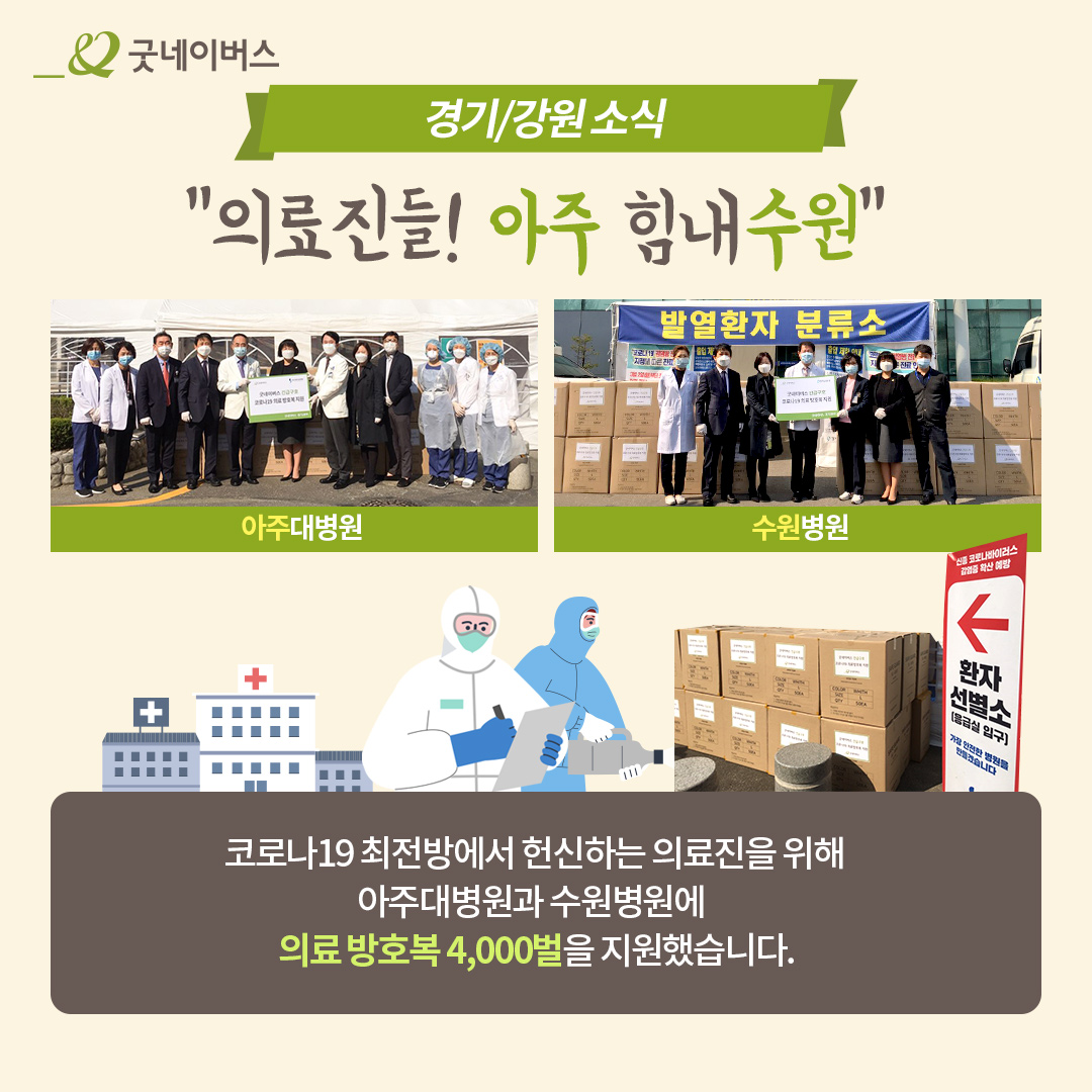 아주대병원과 수원병원에 의료 방호복 4,000벌을 지원하는 모습