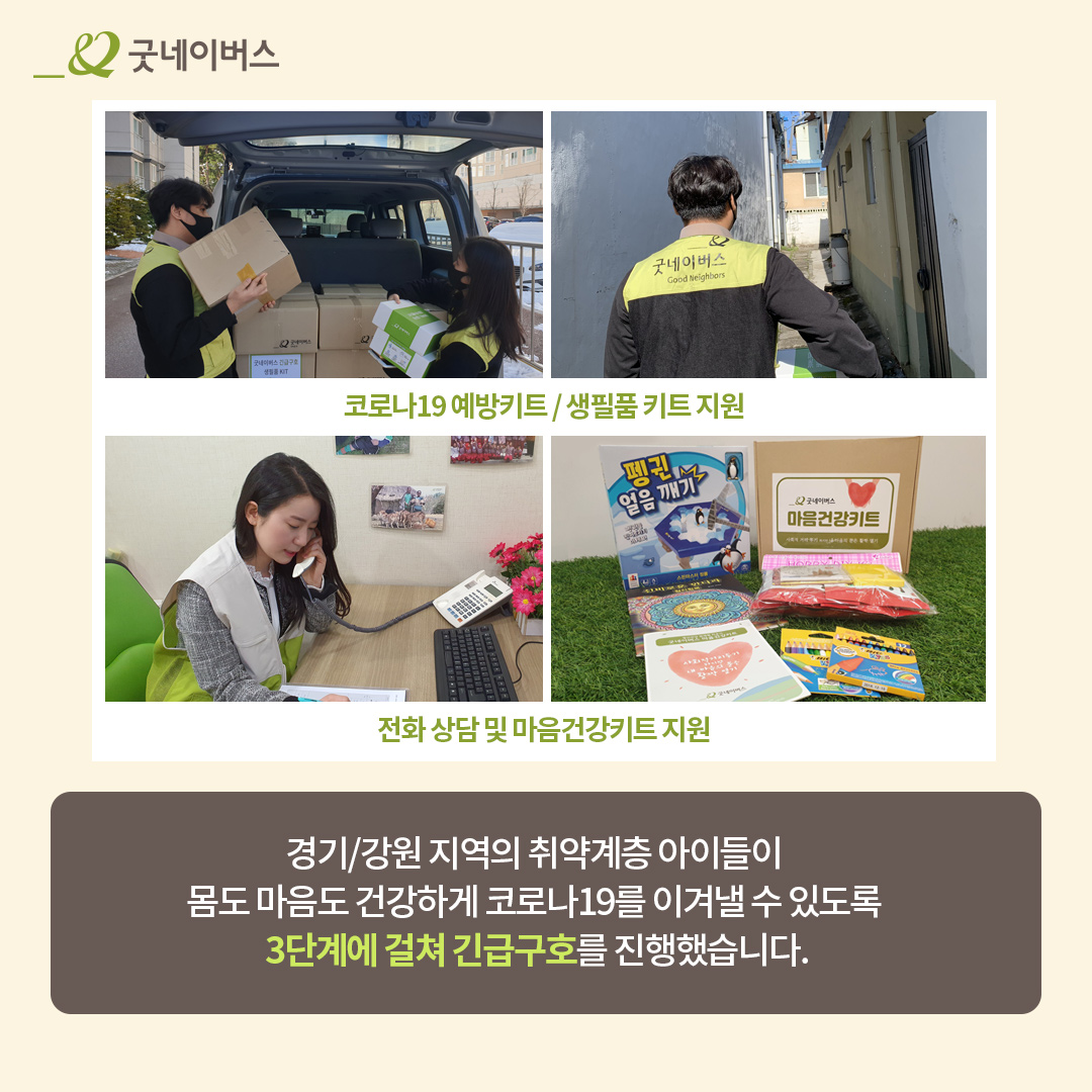 '코로나19 예방키트 및 생필품 키트를 지원하고, 전화 상담과 마음건강키트를 지원하는 모습