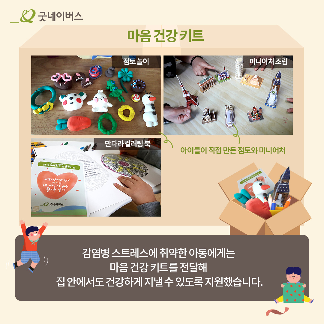 마음 건강 키트 구성품 모습. 점토 놀이, 미니어처 조립, 만다라 컬러링 북이 있다.