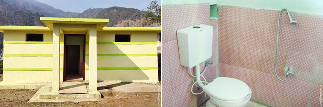 새롭게 선축된 생리위생 친화적 화장실,양변기와 수도시설이 설치된 화장실 내부