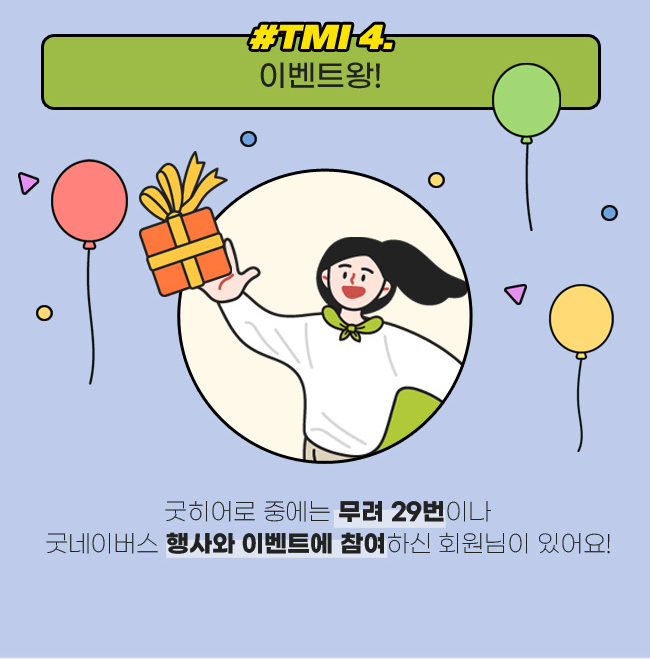 #TMI 4. 이벤트왕!,굿히어로 중에는
무려 29번이나,
굿네이버스 행사와 이벤트에, 
참여하신 회원님이 있어요!
 
